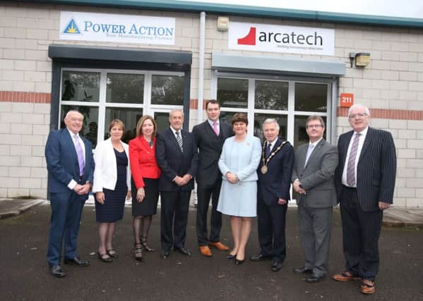 Pictured at the event marking the 21st anniversary of Power Action and 10th anniversary of Arcatech are Alderman Jim Dillon MBE; Jenny Palmer MLA; Dr Theresa Donaldson, Chief Executive, Lisburn & Castlereagh City Council; Councillor Uel Mackin, Chairman of the council's Development Committee; Terry Simpson, owner and Managing Director of Power Action and Arcatech; First Minister Arlene Foster; Mayor Brian Bloomfield MBE; Sir Jeffrey Donaldson MP and Alderman Allan Ewart.