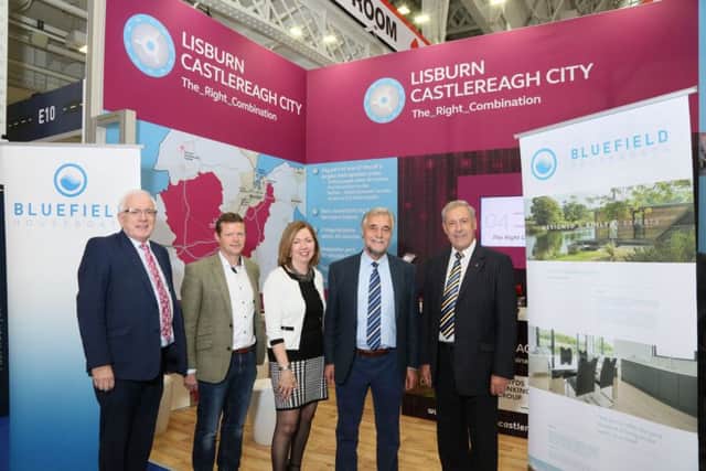 Pictured at the council's stand at MIPIM UK are Alderman Allan Ewart; Jonny Baird, Bluefield Houseboats; Dr Theresa Donaldson, Chief Executive, Lisburn & Castlereagh City Council; Tony Reid, Chairman of Bluefield Houseboats and Councillor Uel Mackin, Chairman of the council's Development Committee.