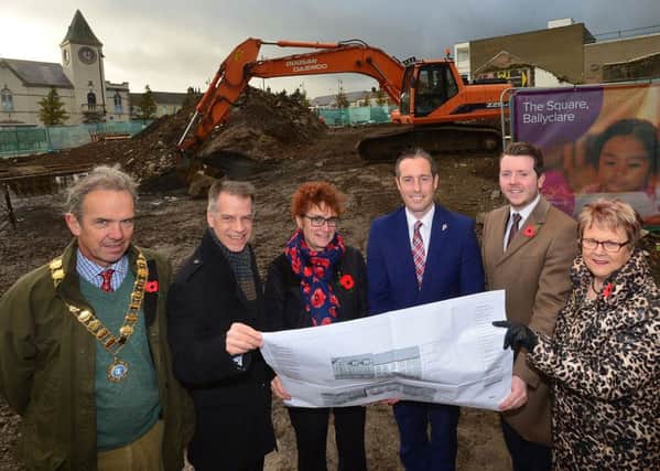 Paul Givan pictured with David Reade, President of Ballyclare Chamber of Commerce; Michael McDonnell, Chief Executive of Choice Housing;  Hazel Bell, Chair of Choice Housing; Stephen McCarthy, representing Steve Aiken MLA; and Cllr Vera McWilliam, Chair of the Ballyclare Town Team. INNT 46-816CON