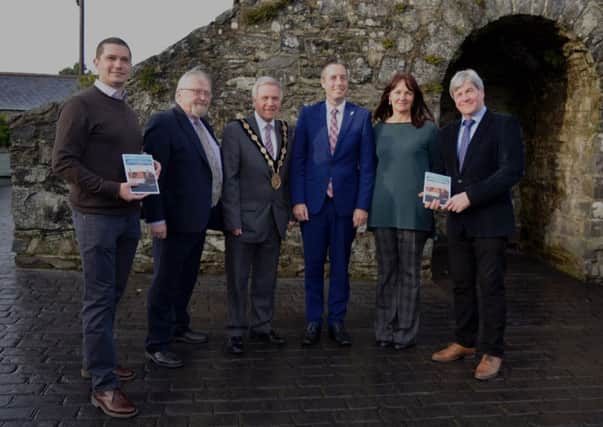 Communities Minister Paul Givan is pictured at the Heritage Trust Network Conference which was held at Larchfield Estate, Lisburn with (l-r) Andrew McClelland, Institute of Historic Building Conservation, Erskine Holmes, Lagan Navigation Trust, Cllr Brian Bloomfield, Mayor of Lisburn & Castlereagh, and Sarah McLeod, Heritage Trust Network UK.