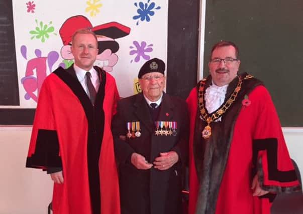 Mayor John Scott with Alex Johnston and Cllr Stephen Ross at the Glengormley Remembrance Service. INNT 46-820CON
