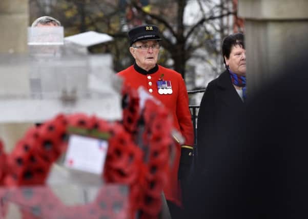 Chelsea Pensioner Walter Swann pictured during the service at the Londonderry War Memorial.