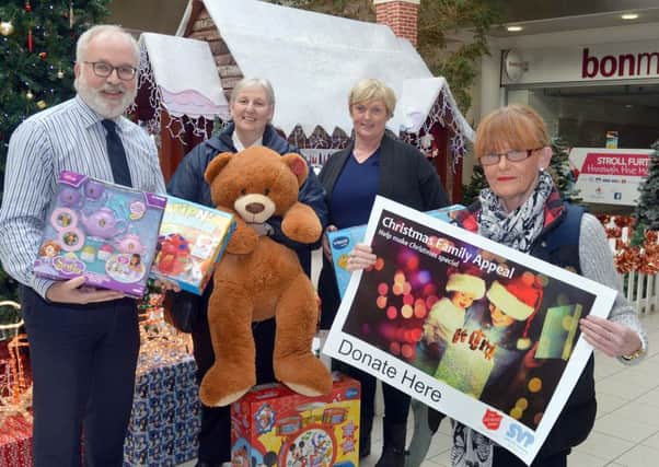 Pictured at the launch of the annual Salvation Army/SVP Christmas Toy Appeal are from left, Adrian Farrell, Meadows Centre manager, Captain Sue Whittle, Salvation Army, Miriam Loftus, SVP Portadown, president, and Margaret Mallon, SVP Portadown, vice president. INPT46-250.