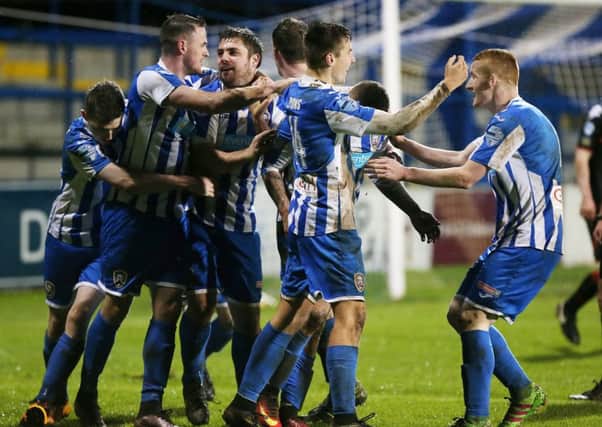 Coleraine celebrate after scoring to make it 1-0 in extra time against Crusaders.