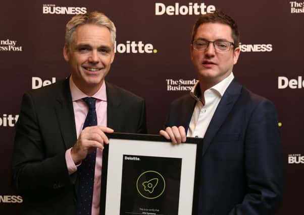 Repro Free: Friday 4th November 2016. Going places quickly! Pictured at the 2016 Deloitte Technology Fast 50 Awards which took place on Friday 4 November are Glenn Roberts, Deloitte NI and Stephen McCann of Lisburn IT firm P2V Systems, who were ranked 12th. The awards, which are in their seventeenth year in Ireland, demonstrate the strength of the indigenous technology sector in Ireland. The average growth rate of the winning companies over the last four years was 270%. Picture Jason Clarke Photography.