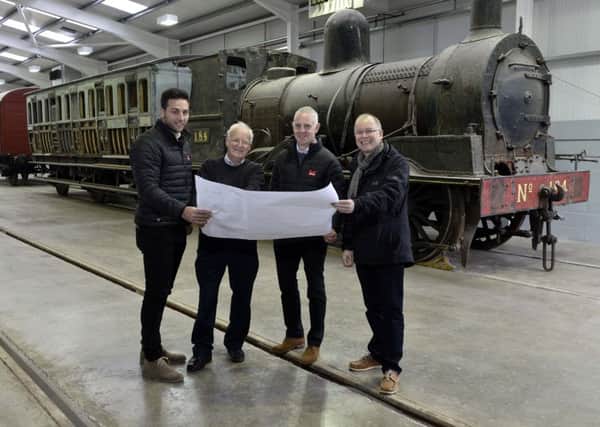 Ross Mullan, Project Manager, Marcon Fit-Out; Johnny Glendinning, RPSI Director and Chair of Whitehead Curatorial Committee; Martin McErlean, Heritage Contracts Manager, Marcon Fit-Out and Griff Boyle, Director, GBDM. Picture from  Marcon.