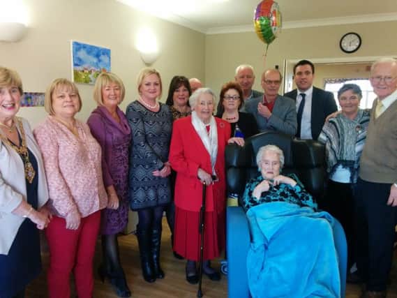 Coleraine lady Mrs Eileen Bradley who celebrated her 100th Birthday  at Bohill Care Home  with family and friends. She also enjoyed a visit from the Mayor of Causeway Coast and Glens Council, Alderman Maura Hickey.