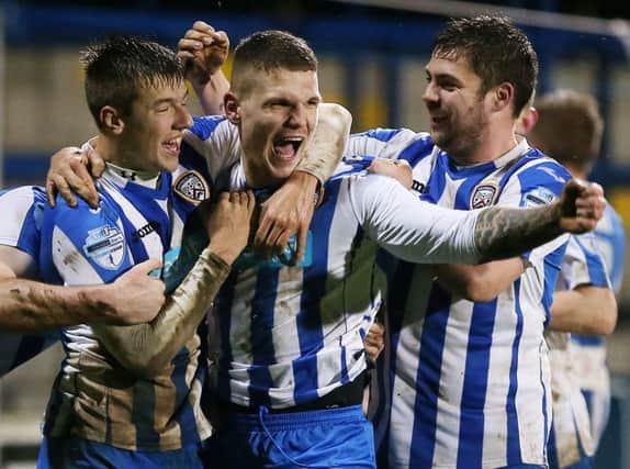 Coleraine's Jordan Allan (centre) celebrates after scoring to make it 1-0 in extra time against Crusaders in the League Cup.   Picture by Jonathan Porter/Press Eye.