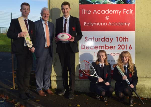 Pictured at the Launch of the Academy Fair which takes place on Saturday, December 10, between 11am and 4pm are Ballymena Academy Principal Stephen Black and Year 13 Pupils Rory Corr, Harry Gaston, Ellen King and Lauren Stevenson. (Submitted Picture).