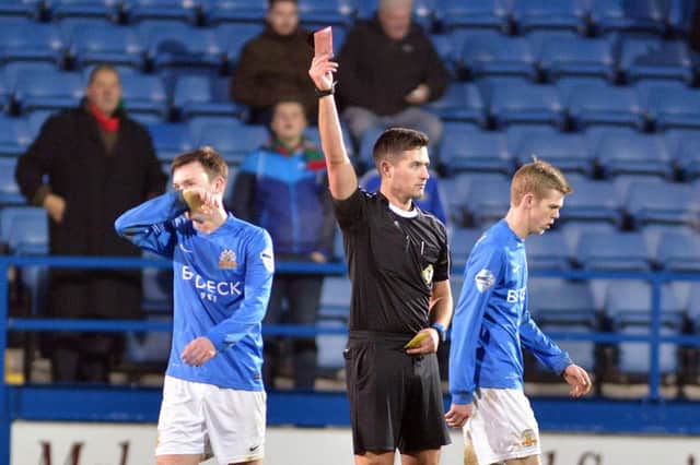 A red card for Glenavon's James Singleton on Saturday. Pic by PressEye Ltd.