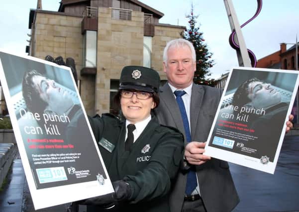 Chief Inspector Lorraine Dobson and Alderman Michael Henderson, Chairman of Lisburn & Castlereagh PCSP, at the launch of the One Punch Can Kill campaign. Picture by Darren Kidd, Press Eye