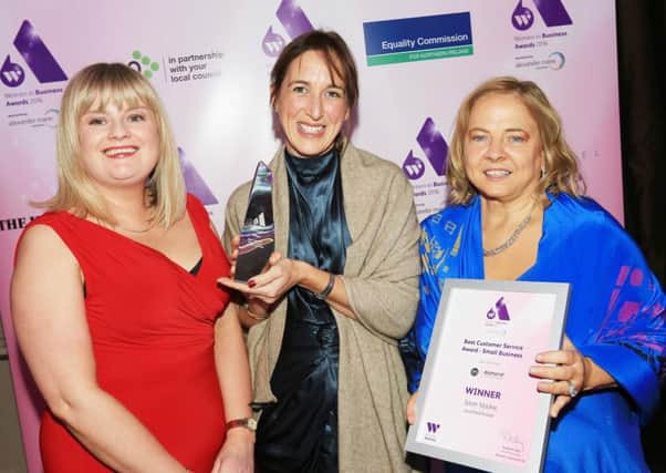 The award for Best Customer Service (Small Business), sponsored by Diamond Recruitment Group, was presented by operations director Donna Parker to Sarah Mackie of Larchfield Estate (centre). Also pictured is Imelda McMillan, chair of Women in Business.