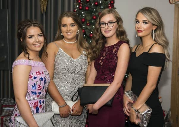 Demi O'Donnell, Madison Geddis, Sophie Henderson and Amy Cassidy at Lisneal College formal in the Whitehorse Hotel