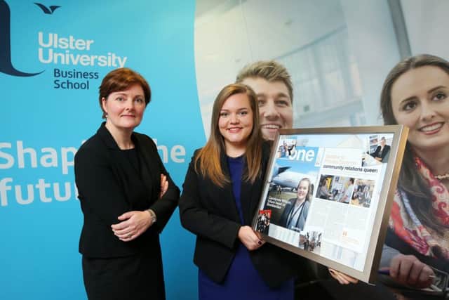 Greenisland student Carolynne Wilson (right) celebrates her success with Professor Gillian Armstrong, Ulster University Business School. Photo by Kelvin Boyes / Press Eye.