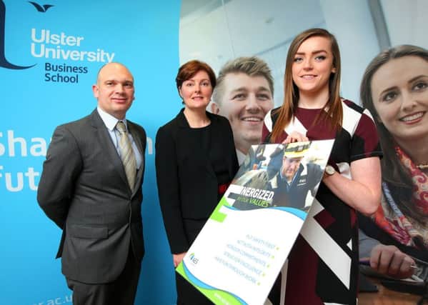 Carnlough student Maeve McSparron (right) celebrates her success with Professor Gillian Armstrong, Ulster University Business School and George Lunn, AES Corporation. Photo by Kelvin Boyes / Press Eye.