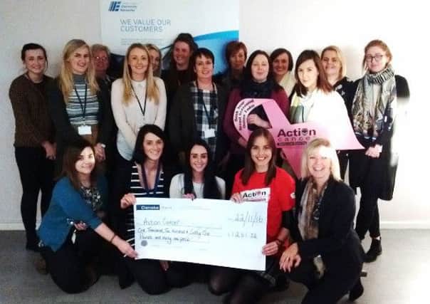 The team from the NIE Networks Ballymena Depot presented a cheque for Â£1261.32 to Action Cancer recently. The money had been raised by a coffee morning and raffle for Action Cancer, Breast Cancer Awareness.
