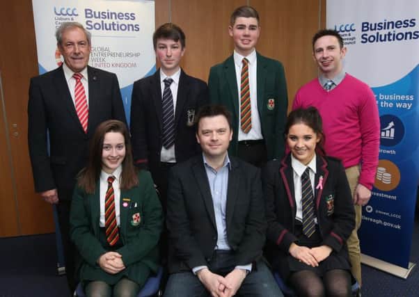 Students from Wallace High School and Friends School with the Chairman of Lisburn & Castlereagh City Councils Development Committee, Councillor Uel Mackin, Philip Bain from ShredBank and Jonathan Twinem from Young Enterprise NI.