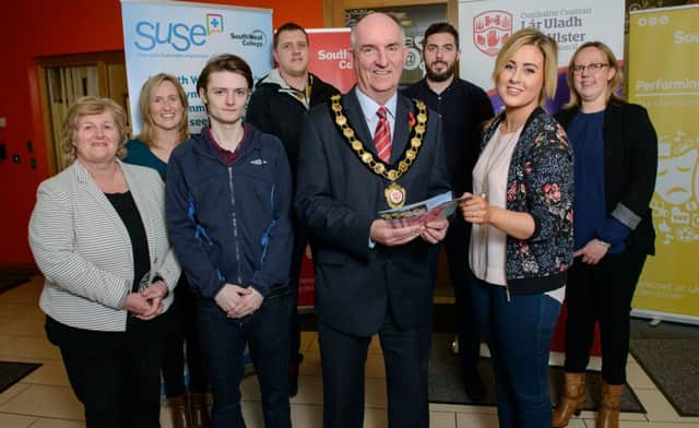 Chair of Mid Ulster District Council, Councillor Trevor Wilson pictured with
Maria Hackett, Head of Department at South West College, Alison Farquhar, SUSE+ lead mentor, Jak and Daivaras, programme participants, Conall McElholm, SUSE+ mentor, Hannah McGurk, SUSE+ mentor, and Marie Skelton, SUSE+ lead mentor.