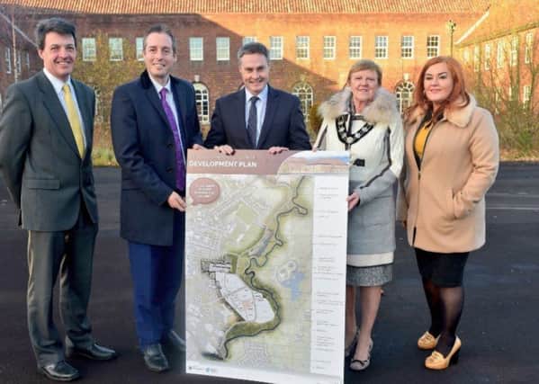 Minister for Communities Paul Givan with North Antrim DUP assemblyman Paul Frew, Mid & East Antrim Mayor, Audrey Wales and Council Chief Executive, Anne Donaghy at St. Patrick's Barracks. (Submitted image)