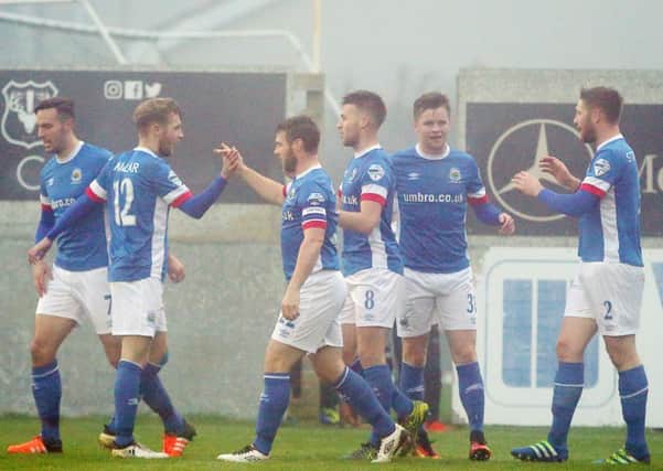 Celebration time for Linfield in Saturday's 5-0 defeat of Portadown at Shamrock Park. Pic by PressEye Ltd.