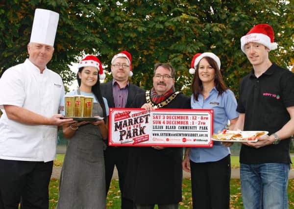 Kevin McCourt (Knags Prestige Catering), Nicole Garland (Bellevue), Iain Patterson (President of Glengormley Chamber of Trade), Paula McClinton (Bellevue) and David Kirkland (Wippy Yo) share some of the treats that will be on offer at the market with the Mayor of Antrim and Newtownabbey, Councillor John Scott.