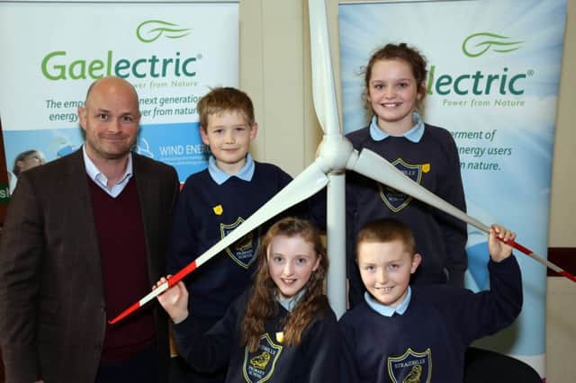 Patrick McClughan, Head of Corporate Affairs for Gaelectric Developments Ltd is pictured with (l-r) Lewis Fullerton, P6; Lauren Currie, P7; James Creith, P7; and Ella Nesbitt, P6 from Straidbilly Primary School Liscolman, Ballymoney.