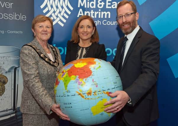 Mid and East Antrim Borough Mayor, Councillor Audrey Wales is shown with John Magee, Chief Executive Officer of Overseas Results Limited and Ursula OLoughlin Head of Economic Development at Mid and East Antrim Borough Council.