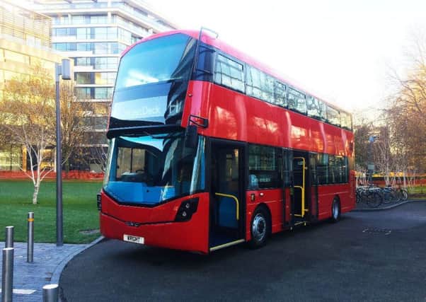 Wrightbus hydrogen fuel cell 1: The new Wrightbus zero-emission double deck bus launched at Londons City Hall today (30 November 2016).  The zero-emission vehicle debuts a new hydrogen fuel cell driveline from Wrightbus which will rapidly become available to power both single deck and double deck buses as it becomes fully production ready next year