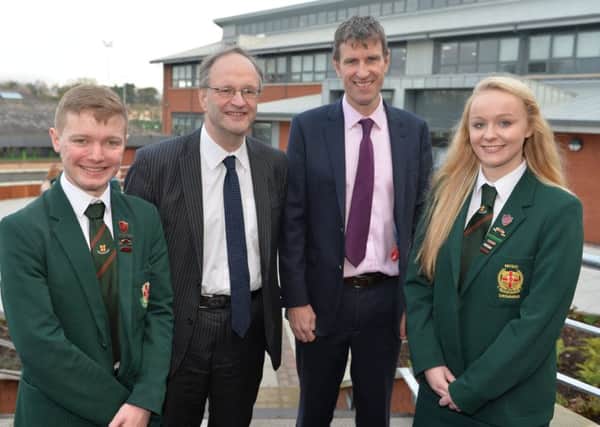 Education Minister Peter Weir officially opens the new Â£3.3m accommodation at Friends' School Lisburn. Pictured with the Minister are principal Stephen Moore with head boy Matthew Lewis and head girl Alexandra Hunter.
 Photo by Aaron McCracken/Harrisons