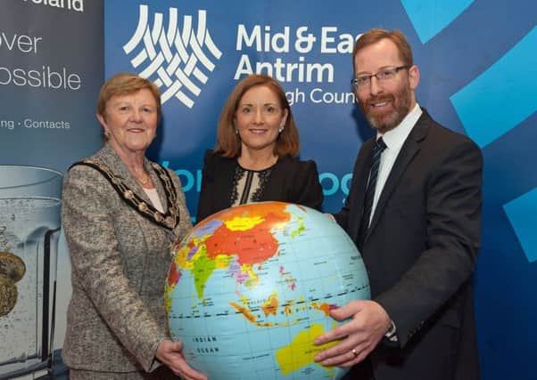 Mid and East Antrim Borough Mayor, Councillor Audrey Wales MBE launches the global Overseas Results competition that will give 10 local businesses a free, international marketing opportunity for their product or service in 2017. She is shown with John Magee, Chief Executive Officer of Overseas Results Limited and Ursula OLoughlin Head of Economic Development at Mid and East Antrim Borough Council.