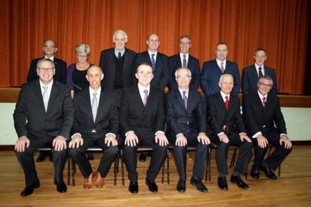 Front Row:  Rev. Dr. Frank Sellar, Moderator of the General Assembly, Mr Norbury Royle, Clerk of Session, Rev Jeffrey Thomas Blue, New Minister, Rev Norman Cameron, Moderator of the Ballymena Presbytery, Rev. Joseph Andrews, Clerk of Presbytery, and Rev Brian Smyth, Vacancy Convenor. Back Row, Members of the Vacancy Commission.