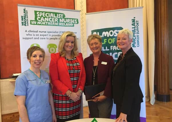 Attending the Macmillan Celebration of Nurses were from left to right Cherith Semple - Nurse of the Year and Macmillan health and neck clinical nurse specialist, Jo-Anne Dobson MLA, Sally Lynch - Community Specialist Palliative Care Nurse at Lurgan Hospital and Heather Monteverde - General Manager Macmillan Cancer NI.