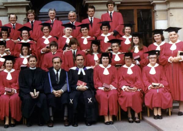 Jean Patterson (third from right in third row) pictured with members of Railway Street Presbyterian Church Choir in new robes in 1969.  Included are Joe McKibben (Sexton), Rev Jim Briggs (Assistant Minister), Stanley Woods (Choirmaster) and Rev Howard Cromie (Minister).