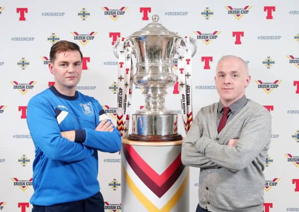 Trojans' manager Paul Higgins (left) pictured alongside Armagh City boss Marty Rice, their sides meet in next month's Tennent's Irish Cup fifth round. Picture by Jonathan Porter/Press Eye
