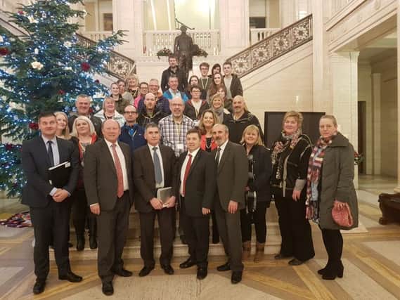 Campaigners to save the Bushmills Outdoor Education Centre meet at Stormont along with political representatives, including MLAs Colin McGrath, Jim Allister, Harold McKee, Robin Swann and Gerry McMullan and Councillors Margaret-Ann McKillop and Sandra Hunter. INBM 50-750-CON