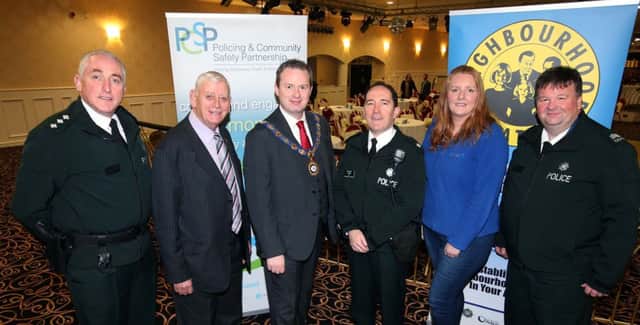 Chief Inspector Ian Magee, Alderman William King, Chairperson of Causeway Coast and Glens Policing and Community Safety Partnership, Councillor James McCorkell, Deputy Mayor of Causeway Coast and Glens Borough Council, Superintendent John Magill, Jenna OÃ¢Â¬"Hara from Causeway Older Active Strategic Team (COAST) and Sergeant Terry McKenna pictured at the Neighbourhood Watch conference.