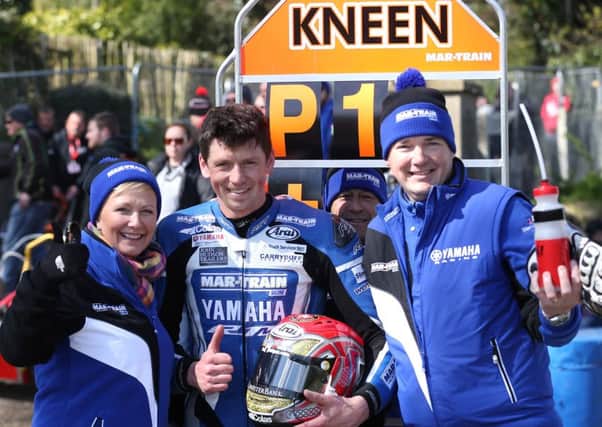 Mar-Train Racings Tim and Sonya Martin pictured with Dan Kneen at the Tandragee 100 in April.