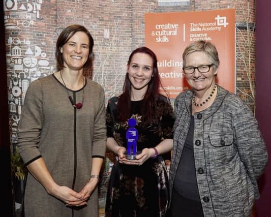 Northern Ireland Intern of the Year Rachael Garrett who is a Preventive Conservation Intern with the National Trust (centre) receives her award from Sara Graham, Nations Director of Creative & Cultural Skills along with Pauline Tambling, CEO of Creative & Cultural Skills. The Creative & Cultural Skills Awards show that youthful potential and creativity can be developed through support from employers, educators and the opportunity of paid apprenticeships and internships.