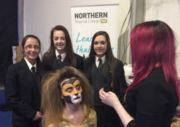 (L-R) Naomi Ward, Eimear Johnston, Orla Gordon from St Patricks College, Ballymena pictured with Leah Beck and Bethany Cowden from Northern Regional College at the SkillsNI new interactive careers event at Titanic Exhibition Centre, Belfast