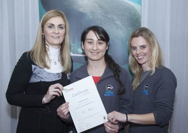 Orlagh McLaughlin from Larne is congratulated by Sheila Lyons from Ulster Wildlife and Paula Smyth from Lantra having successfully completed a year-long Nature Skills traineeship with local nature conservation charity Ulster Wildlife. (submitted picture).