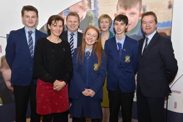 Loreto College students Donal Close, Sian Donaghy and Emmett Brolly, who will represent the College at the BT Young Scientist Exhibition January 2017, pictured at a reception at Stormont to celebrate the event.