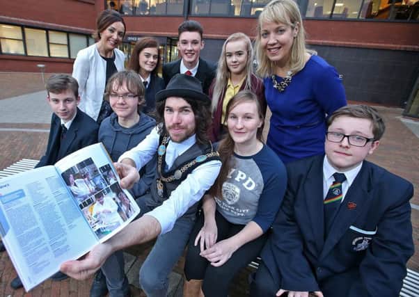 Claire Byrne from Sothern Regional College, Nicola Wilson, Head of Economic Development in Armagh City, Banbridge and Craigavon Borough Council and Lord Mayor Garath Keating with students who attended the Life Sciences Skills and Careers event in Craigavon Civic and Conference Centre last week.
