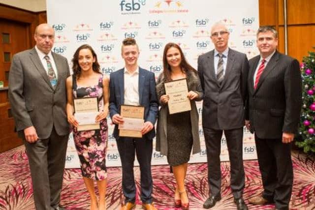 David Cunningham, FSB Belfast South representative; Eddie Forrester, SERC and Gerry Campbell, Colleges NI with SERC finalists Catherine Martin from Lisburn, Adam McKee from Bangor and Holly Anne Rydout from Lisburn. Pic by Donal McCann