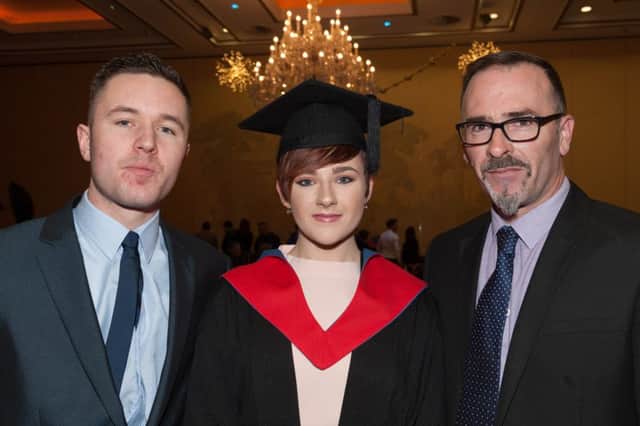 Rebecca Henry from Ballymoney, graduating from HND in Business (Coleraine campus), with Simon Montgomery and father David Henry at the Northern Regional College Higher Education and Access Graduation.