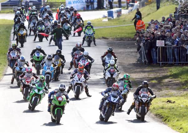 Race winner Dan Kneen (7, Mar-Train Yamaha) gets the jump ahead of William Dunlop (6, MSS Kawasaki) and Derek Sheils (82, Burrows Suzuki) at the start of the Open race at the Tandragee 100 in April.