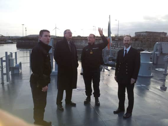 Pictured on board the L.Ã‰ James Joyce at the Naval Base, Haulbowline, are (left to right) Sub Lt. Aaron Nutley, Presbyterian Moderator, Rt. Rev. Dr. Frank Sellar, Lt. Commander Dave Memery and Colin Jenkins of the Seamen's Christian Friend Society.