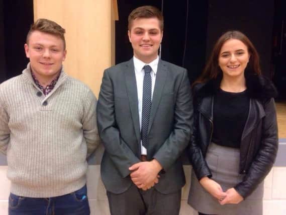 Group Debating Team placed second at the heats Adam Alexander, Timmy Davidson, Abbie Canning.