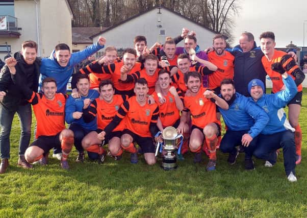 Dollingstown celebrate success in the Bob Radcliffe Cup final against Coagh United at Lakeview Park. Pic by PressEye Ltd.