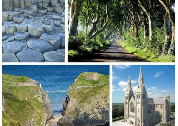 Isn't Northern Ireland just beautiful? From top left, clockwise, the Giants Causeway, the Dark Hedges, St. Patrick's Cathedral and Carrick-a-Rede rope bridge.