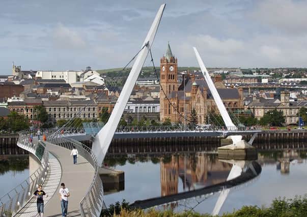 A view of the Peace Bridge and the Guildhall in Londonderry, a key nationalist battleground in the forthcoming election